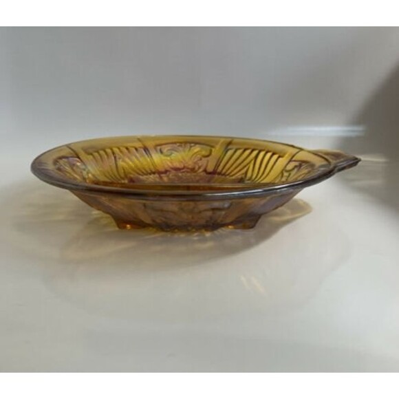 Canival Glass Irridescent Amber Divided Dish Serving Bowl Plate Vintage - Picture 2 of 12